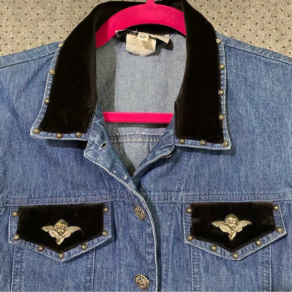 VTG Stonebridge Petites Denim Vest Women’s Sz 8 Velvet Collar Angel Buttons 90’s